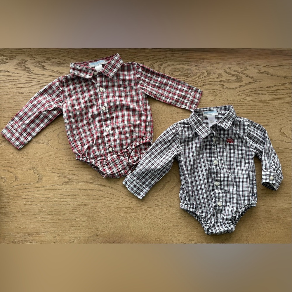 Janie and Jack Two Plaid Baby Boy Button-up Bodysuits 6-12 months